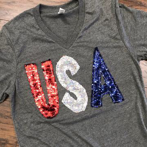 USA Sequin V-Neck Tee