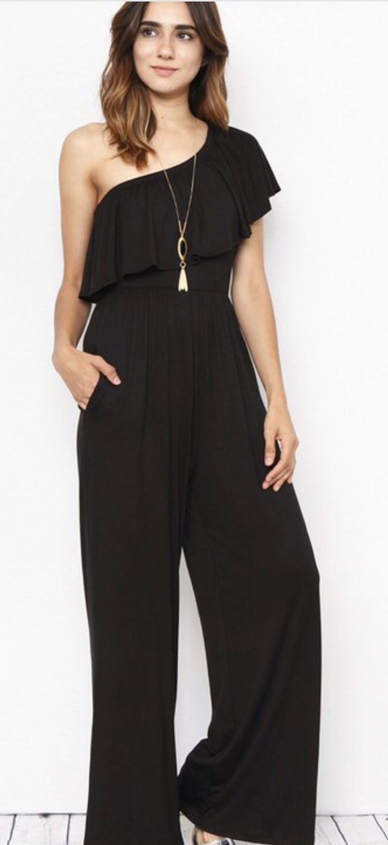 Jillian Black One Shoulder Ruffle Jumpsuit
