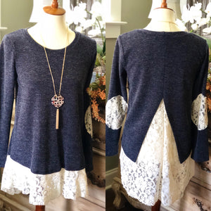 LACE IN LOVE LONG SLEEVE SWEATER BLUE/GRAY