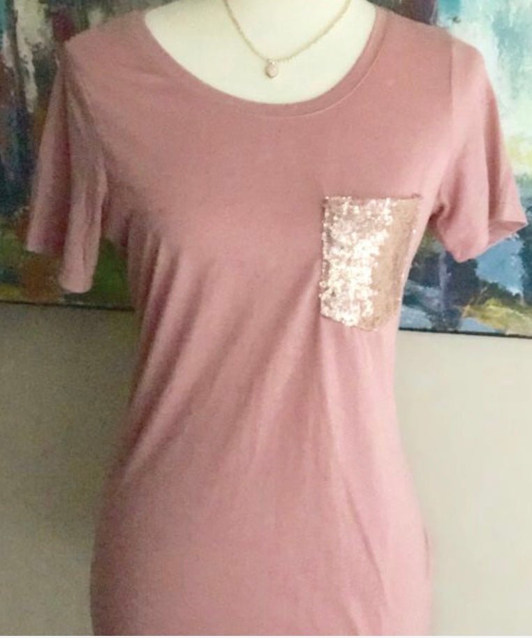 Dusty Rose Sequin Pocket T-Shirt