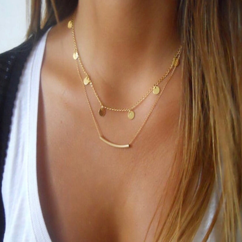 Double Layer Bar And Disc Necklace