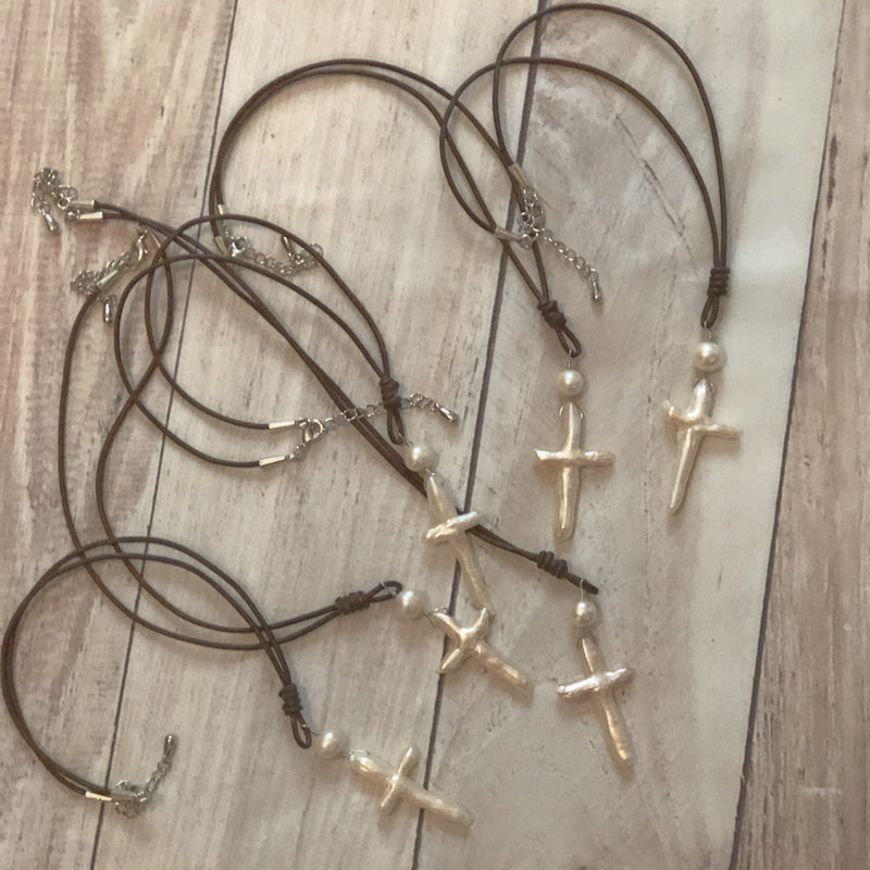 Leather And  Freshwater Pearl Cross Necklace