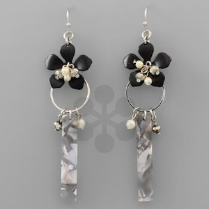 Black & Rhodium Acrylic Flower Bar Earrings