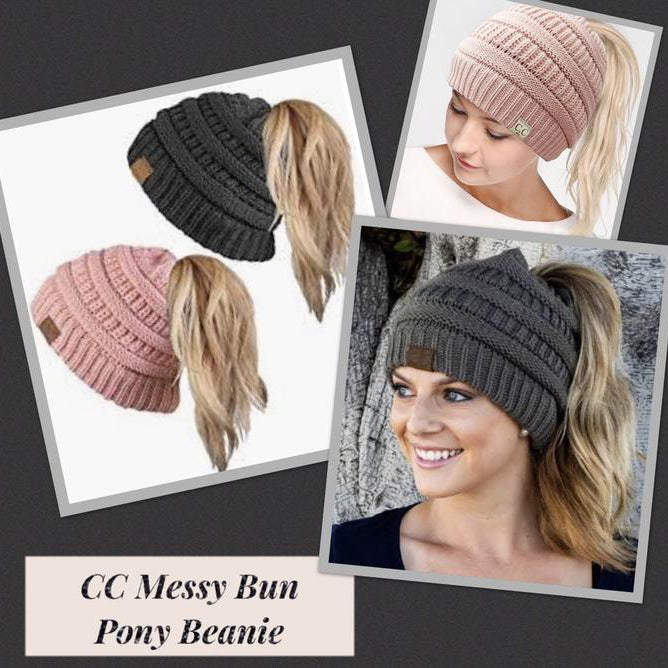 CC Messy Bun Ponytail Beanies : Indie Pink or Charcoal Gray