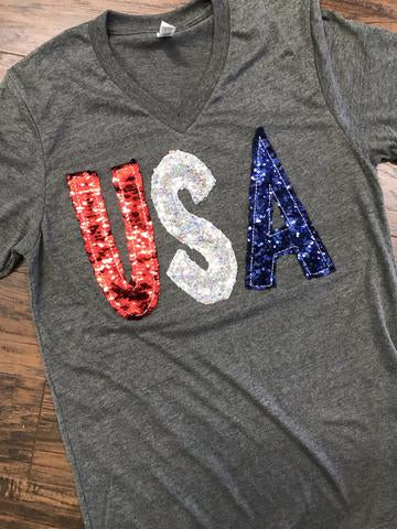 USA Sequin V-Neck Tee