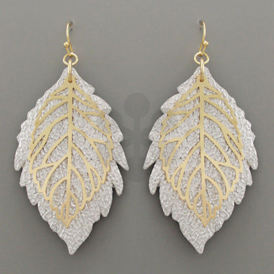 Leather Silver & Gold  Leaf Earrings