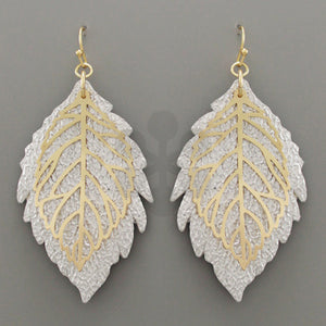 Leather Silver & Gold  Leaf Earrings